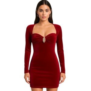 Y2K Vintage Bodycon 80’s Roberta Red Velvet Feel Party Long Sleeve Dress